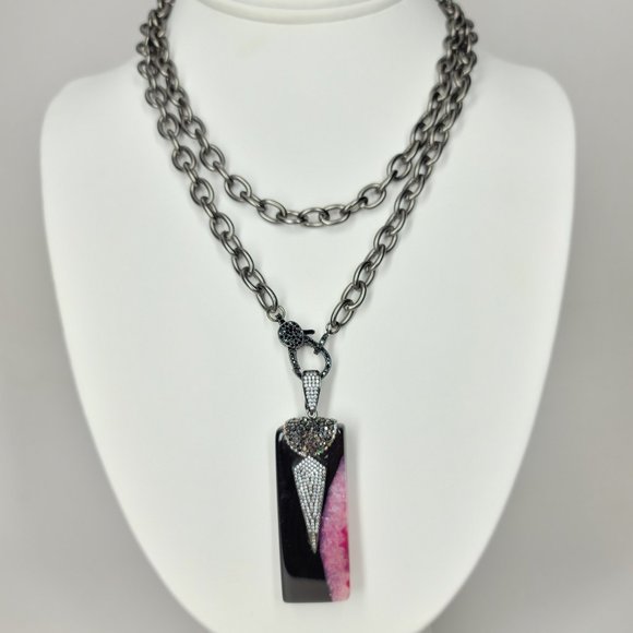 NEW Natural Gemstone Agate Crystal CZ Necklace - Picture 1 of 15